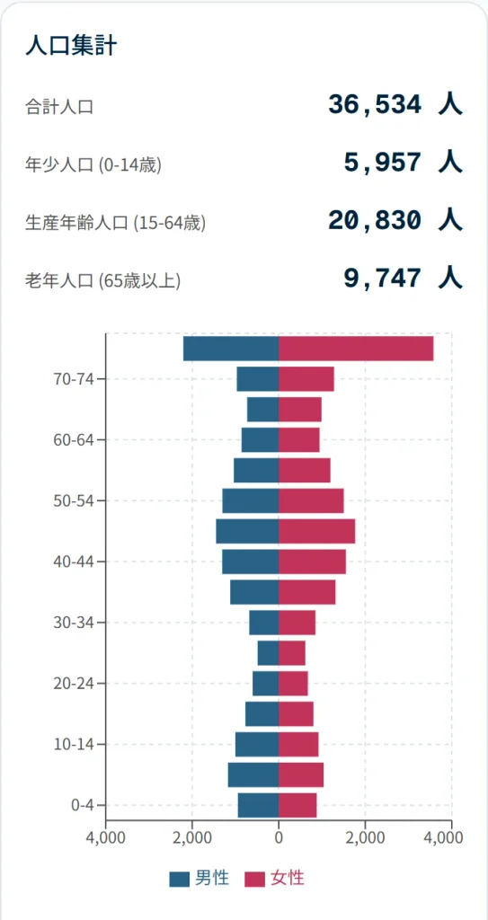 人口集計の画面。合計人口、年少人口、生産年齢人口、老年人口の数値と、男性を左、女性を右に並べた年齢階級別の人口ピラミッド